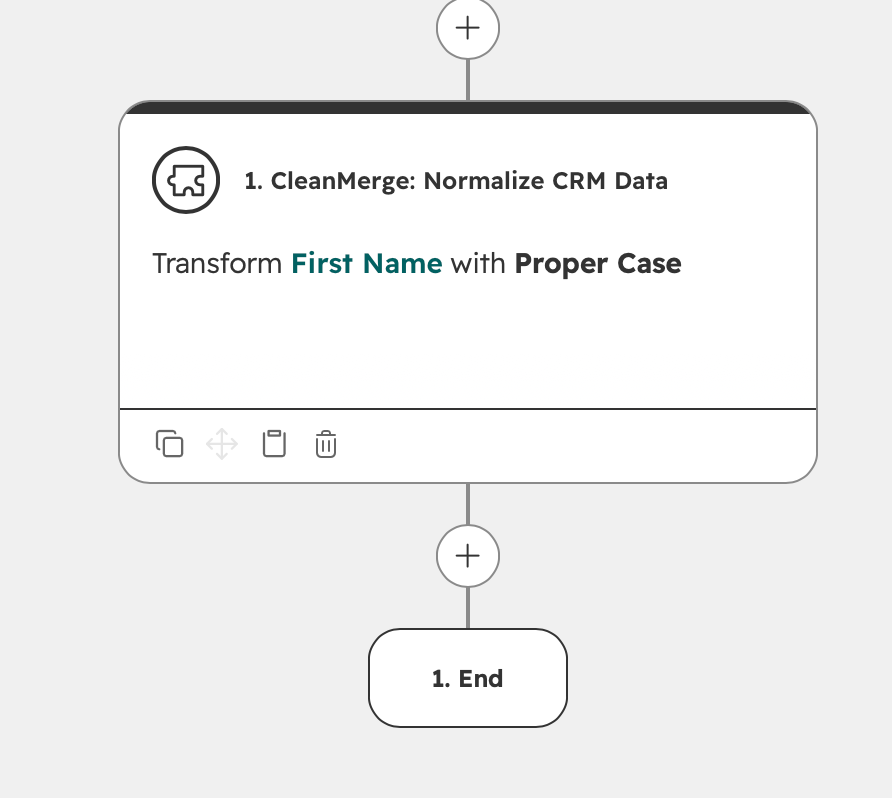CleanMerge's Normalize CRM Data action configured inside a HubSpot workflow